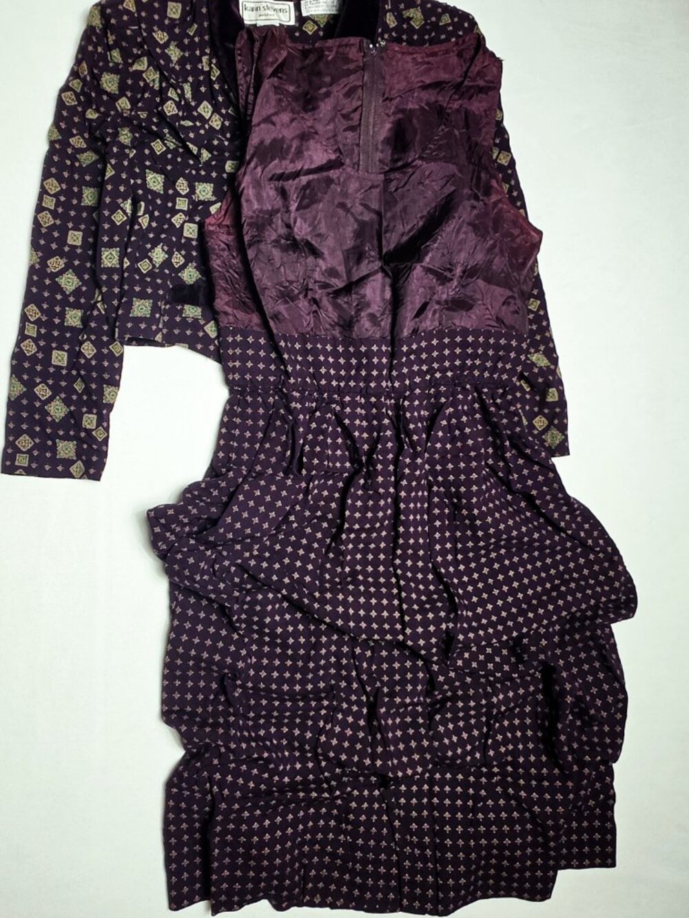 Size 12 VTG Karin Stevens 2 piece dress jacket set burgundy 80s 90s